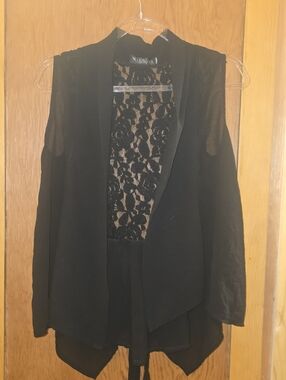 Like new sheer black large lace and tie back open front top